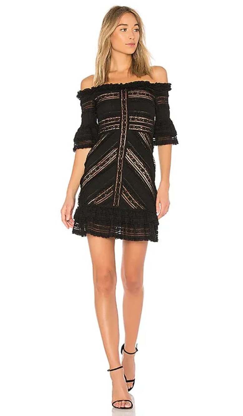 Cinq à Sept Naya Black Lace Off-the-Shoulder Mini Dress